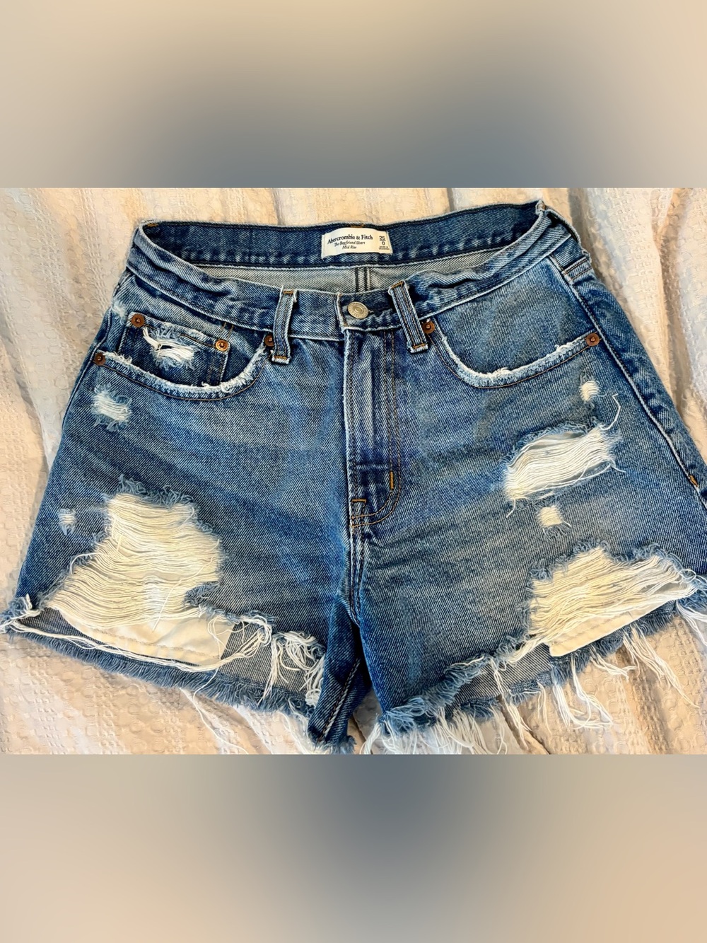 Abercrombie & Fitch Women's Distressed Denim Shorts - Blue Wash boyfriend fit